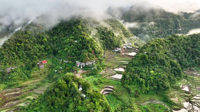 Aerial shot of the amazing terraced rice paddies in the mountains near Banaue Philippines.