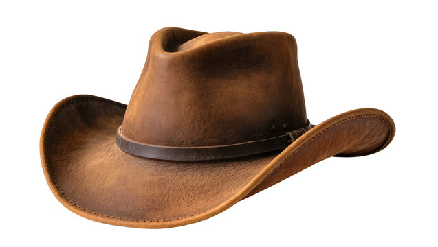 Isolated textured brown leather cowboy hat with dark band, classic vintage western style headwear