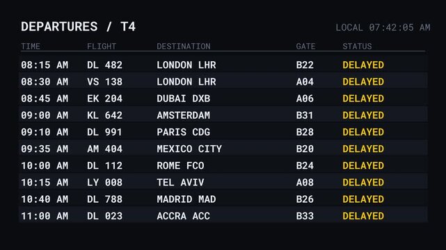 Airport FIDS Board Top To Bottom Cascade Delays 4K Video Terminal Screen Travel Disruption Late Departures Authentic Live Data Schedule Monitor Passenger Frustration Alert Display Timetable