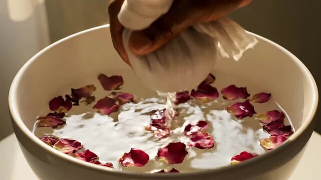 Close-Up Shot of a Hand Pressing Herbal Pouch in Lukewarm Water with Rose Petals in a Serene Ceramic Bowl for Wellness and Spa Rituals