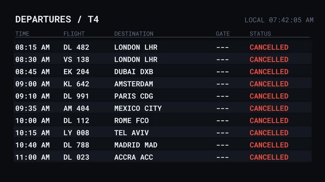 Airport FIDS Board Total Cancellation Of All Flights 4K Video Terminal Screen Severe Weather Travel Disruption Authentic Live Data Passenger Nightmare Grounded Status Cascade Display