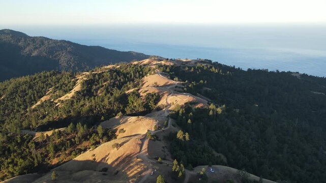 Aerial shot of the coastal mountains along the pacific ocean in Central California near Big Sur