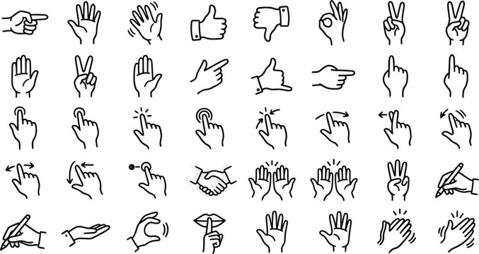 Hand Gestures and Touch Screen Interface Line Art Icon Set with Thumbs Up Handshake Clapping and Pinch Zoom Symbols for Mobile App User Interface Designs