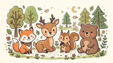 Obraz premium Woodland animals celebrate festive occasion with mascot holding flag and fireworks