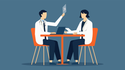 Fototapeta premium illustration showing two medical professionals reviewing patient diagnostic results and discussing treatment plans in clinical setting Ideal for telemedicine healthcare services medical consultation