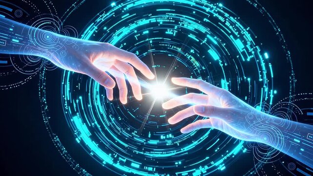 Two glowing hands connecting with digital interface
