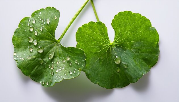 Fresh Rain Drops On Centella Asiatica Leaves Captured From Top Perspective With White Backdrop