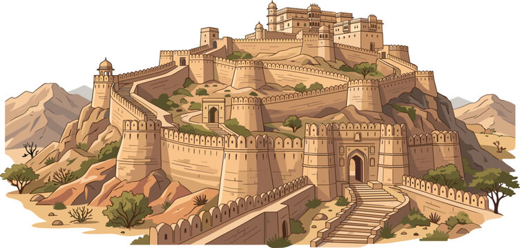 Ancient Indian Hill Fort Vector Illustration of Historic Rajasthani Architecture with Fortified Stone Walls Watchtowers and Gates for Heritage Travel Graphic Designs