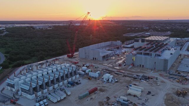 Aerial View of Data Center Facility Construction at Sunset. San Antonio Texas.