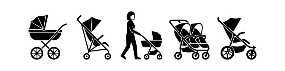 Black silhouettes of various baby strollers, including prams, double buggies, and a person walking. Minimalist vector icon set for parenting and childcare themes. © Nort Kor