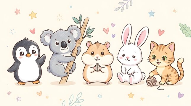 Cute baby animals gathered around a doodle illustration with colorful background