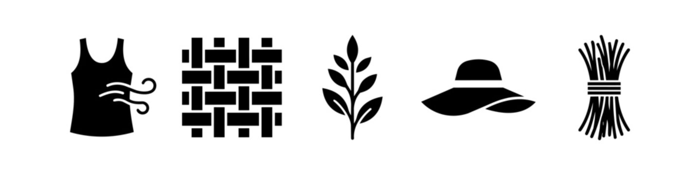 Minimalist black icons depicting natural fibers, breathable clothing, woven patterns, and straw accessories for sustainable fashion design.