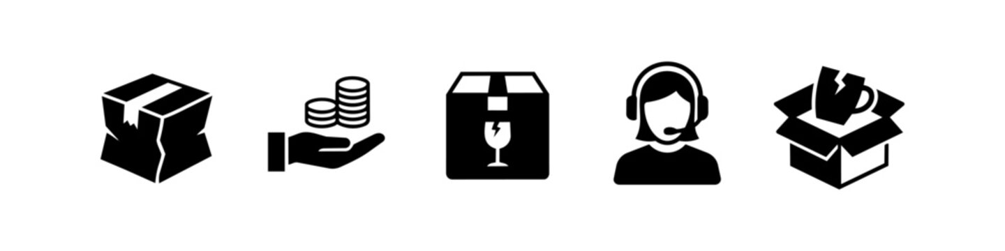 Set of logistics and customer service icons representing damaged shipping, refunds, fragile items, customer support, and broken goods in boxes. Minimalist black glyphs on white background.