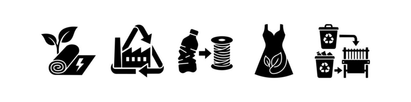 A set of five black icons illustrating sustainable fashion concepts, including recycling plastic bottles into fabric, eco-friendly manufacturing, and ethical textile production.