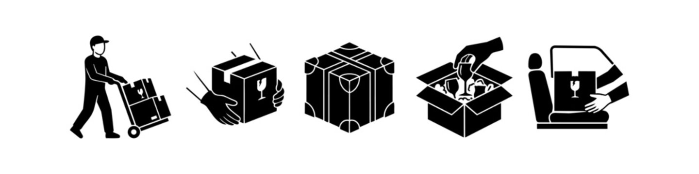 Set of professional moving and shipping icons featuring packing fragile items, transporting boxes with a hand truck, and secure car delivery for relocation and logistics services.