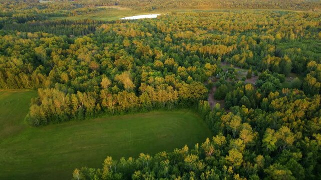 Flying over forest and small farms in Minnesota at Sunset