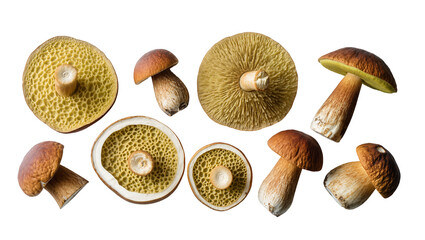 Isolated fresh wild porcini mushrooms collection with varied views and detailed cross-sections © Ana