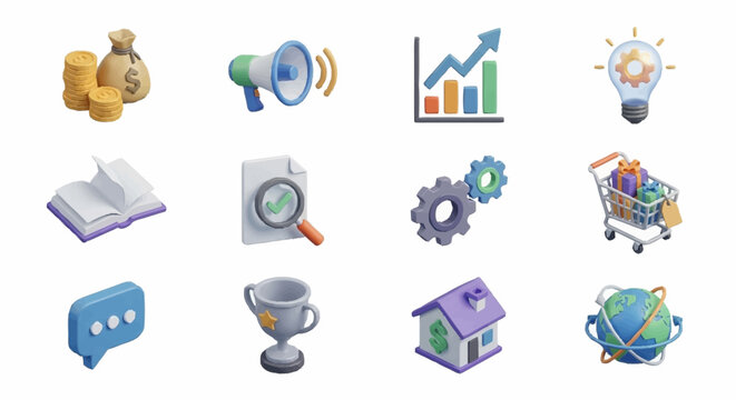 Colorful flat design icons for business and technology concepts.