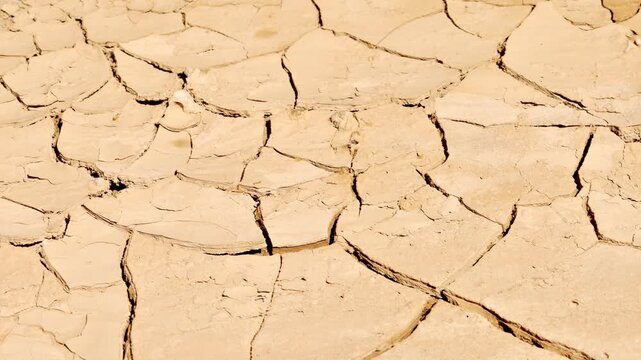 Close-up shot of the cracked surface of a dry lake during a drought.