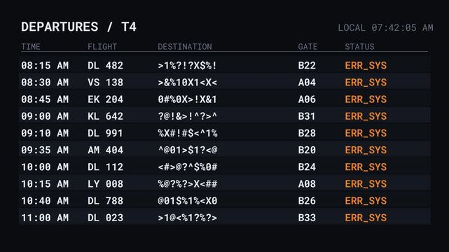Airport FIDS Board Cyber Attack Glitch Malfunction 4K Video Terminal Screen Travel Disruption Authentic Live Data Schedule Monitor System Error Hack Security Breach Chaos Display