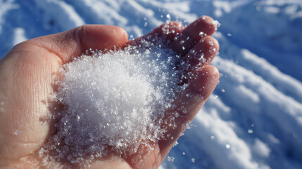 Fototapeta premium A handful of fresh, powdery snow held carefully in an open hand, with tiny ice crystals sparkling in the sunlight