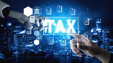 Obraz premium Futuristic Tax Automation Concept with Robotic Hand and Human Touch Representing Collaboration in Financial Technology Fluxor.