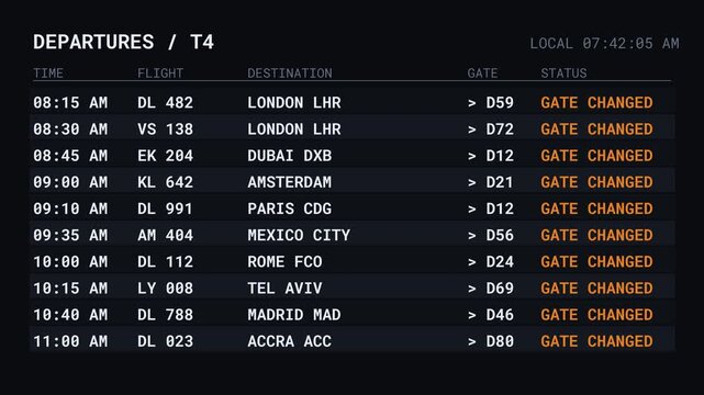 Airport FIDS Board Rapid Gate Change Reassignment 4K Video Terminal Screen Travel Disruption Authentic Live Data Schedule Monitor Passenger Frustration Alert Status Update Timetable