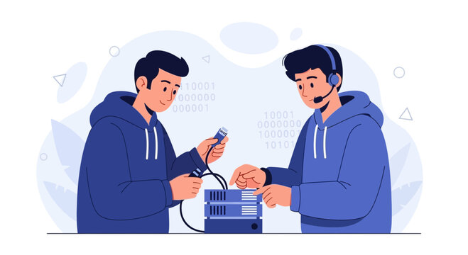 Two Young Men Working on Computer Server Rack, Connecting Cables with Binary Code Background