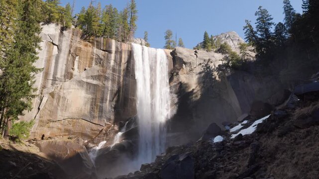 Looking up at the amazing Vernal Falls at Yosemite National Park in California.