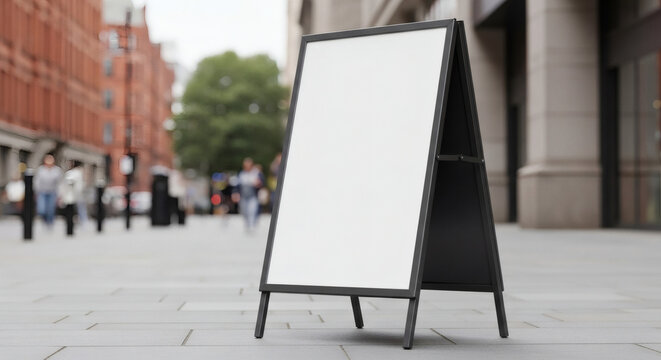 Blank sandwich board sign standing on a city sidewalk for outdoor advertising mockup with blurred urban background and street people