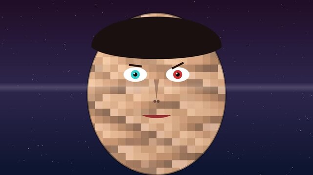 Abstract pixelated face character with changing hair and eyes in space animation