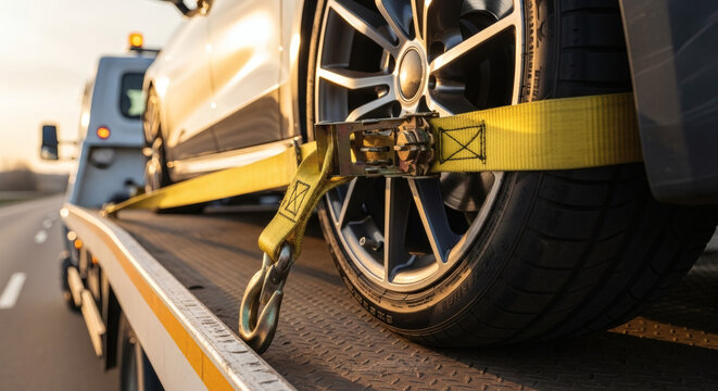 Tow truck transporting a broken luxury car secured with yellow ratchet straps on a highway during a bright golden sunset