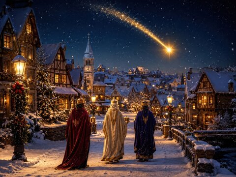 Die Heiligen Drei K&ouml;nige folgen dem Stern von Bethlehem durch ein verschneites deutsches Fachwerkst&auml;dtchen. Magische Winterstimmung mit Kirche, Schnee und warmem Lichterglanz.