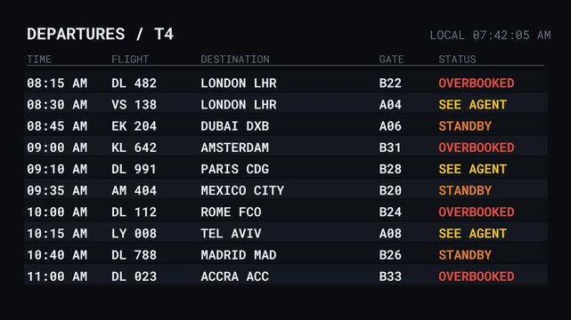 Airport FIDS Board Holiday Overbooking Standby Status 4K Video Terminal Screen Peak Travel Disruption Authentic Live Data Schedule Monitor Passenger Frustration See Agent Display