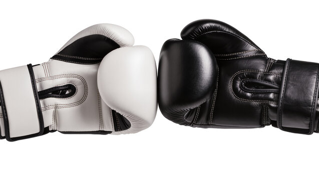 Isolated contrasting black and white boxing gloves facing each other, symbolizing sport.
