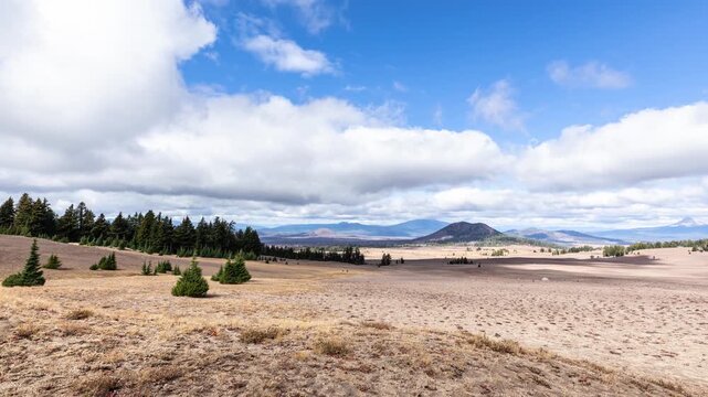 Time lapse of puffy clouds moving across the sky near Crater Lake in Oregon