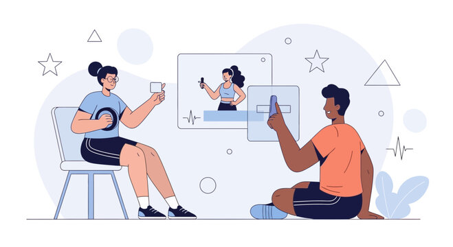 Diverse couple watching fitness influencer online, learning workout, healthy lifestyle, remote fitness