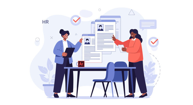 HR professionals reviewing resumes and hiring process, flat design illustration
