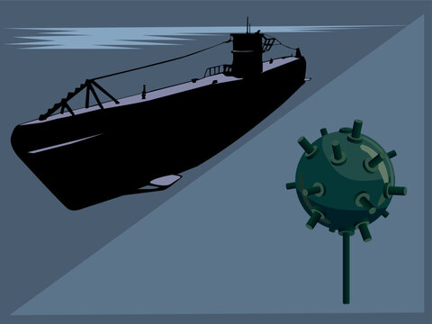 A vector illustration in shades of blue, black, and green featuring a World War II-era German submarine and a naval mine; suitable for military-style designs.