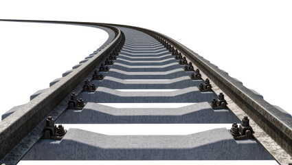 Obraz premium Isolated curved railway track with concrete sleepers, modern railroad for transportation