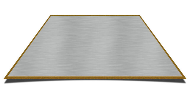 8K Brushed silver platform overlay with metallic gold frame, isolated 3D chrome trapezoid podium for tech product display and video motion graphics