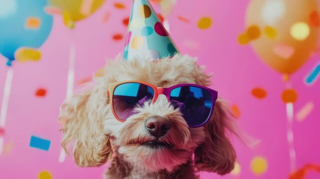 Poodle dog in sunglasses and party hat