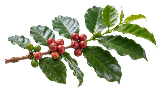 Isolated fresh coffee branch with vibrant green leaves and ripe red, unripe green coffee beans