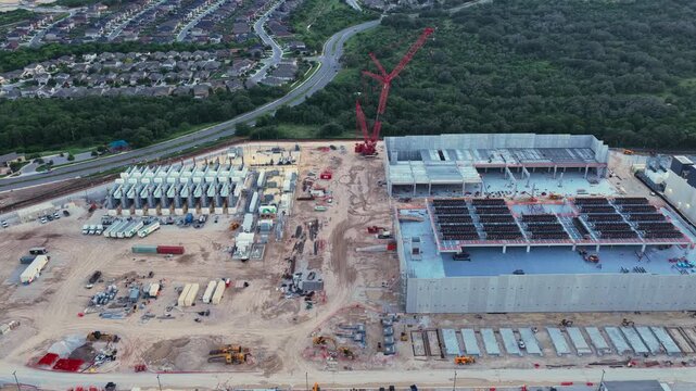 Aerial View of Data Center Facility Under Construction Near Neighborhood. San Antonio Texas.
