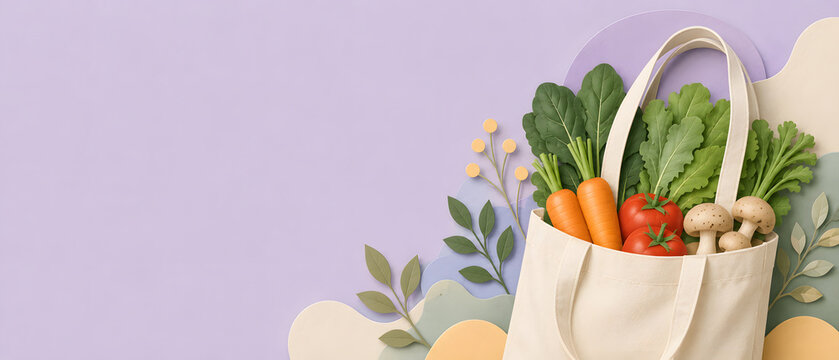 Reusable tote bag filled with carrots tomatoes leafy greens and mushrooms on a pastel background for sustainable food purchasing