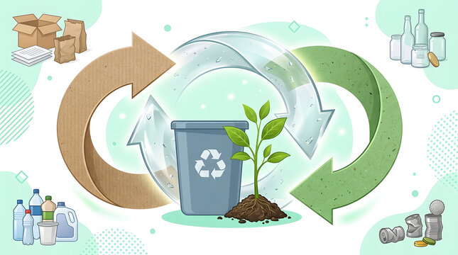 Large circular arrows surround a recycling bin and seedling with bottles cans and paper for waste reduction and reuse concepts