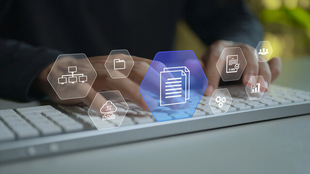 ERP enterprise resource planning concept. Person typing keyboard with business process and enterprise management icons, resource planning, workflow integration and operational efficiency.