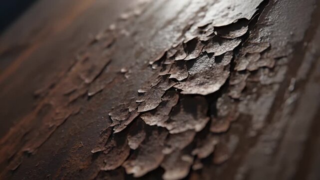 Brown metal surface texture featuring deeply weathered and peeling paint layers showing signs of extensive oxidation and age on a rough industrial material that highlights unique rustic details