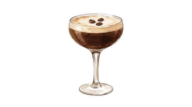 Artistic watercolor illustration of a classic espresso martini cocktail with coffee beans in a crystal coupe glass, elegant long drink beverage vector clipart for menu and cafe design.