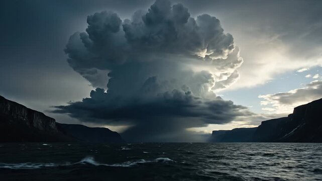 Dramatic Thunderhead Cloud Forming Over Dark Choppy Water Cinematic Wide POV Deep Fjord Video Footage